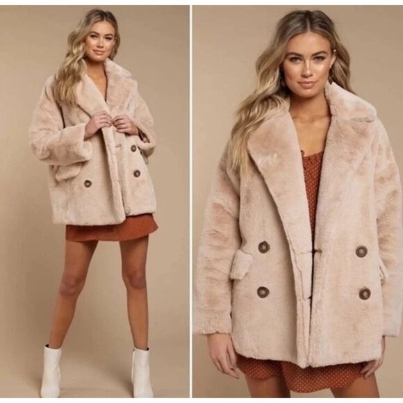 Free People Kate Faux Fur Double Breasted Teddy Coat Apricot Sz XS - Picture 1 of 6